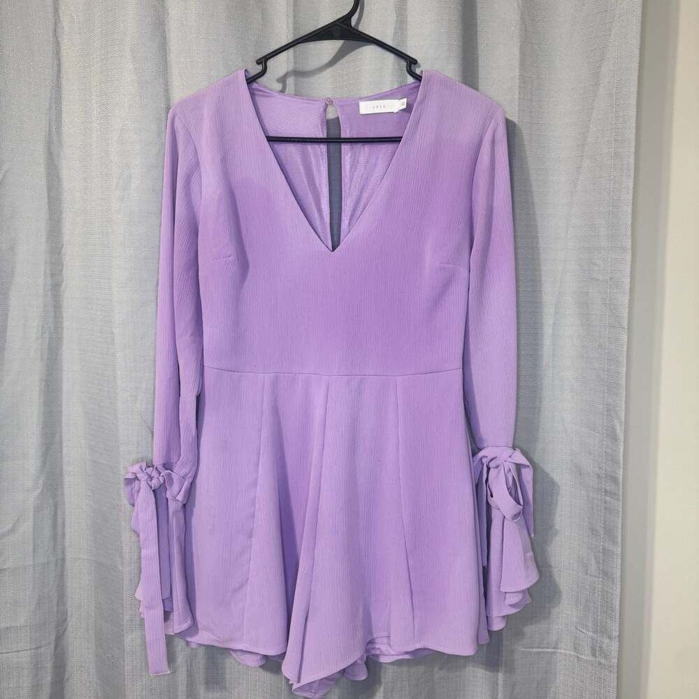Lush Lavender Long Sleeve V-Neck Romper with Tie Cuff Detail